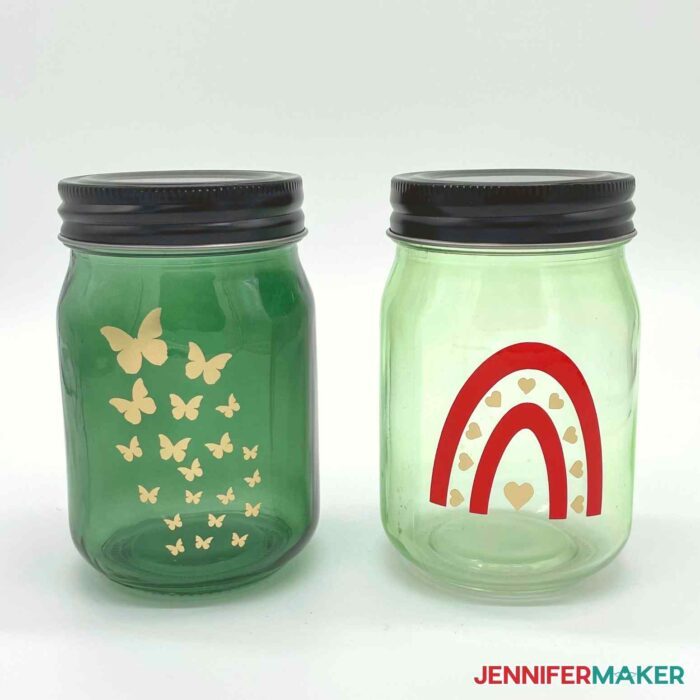 Green glass jars from Target Dollar Spot DIYs with gold butterflies and duotone rainbow decals.