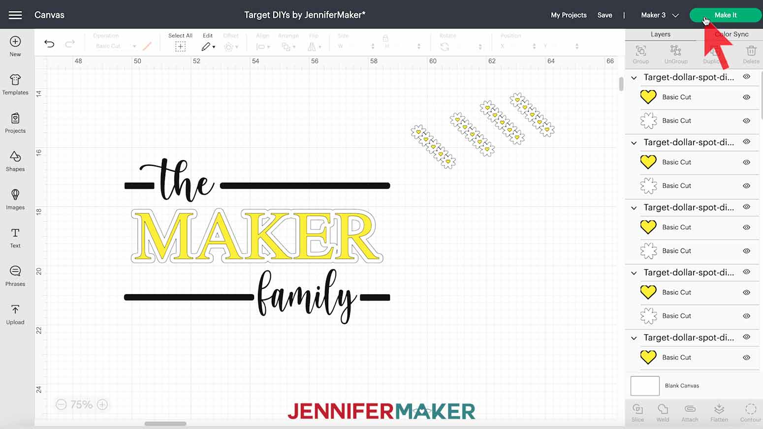Cricut Design Space showing "Make It" in the upper right corner to create project.