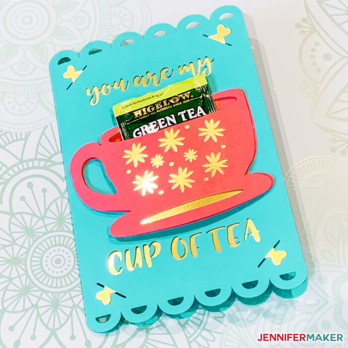 Cute tea cup card with a tea bag, made on a Cricut - great beginner project