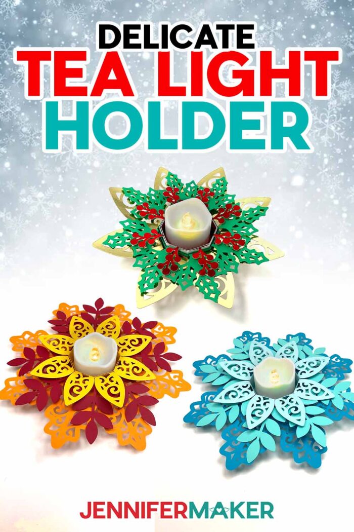 Learn how to make a delicate cardstock Tea Light Holder with a Cricut cutting machine and free SVG files. A set of three colorful seasonal tea light holders with LED tea lights inside