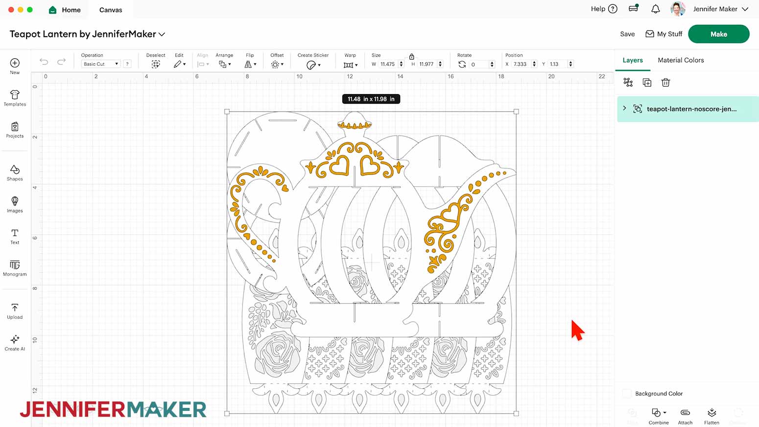 The Teapot Lantern design on the Design Space Canvas, showing the dimensions as 11.48 by 11.98 inches.