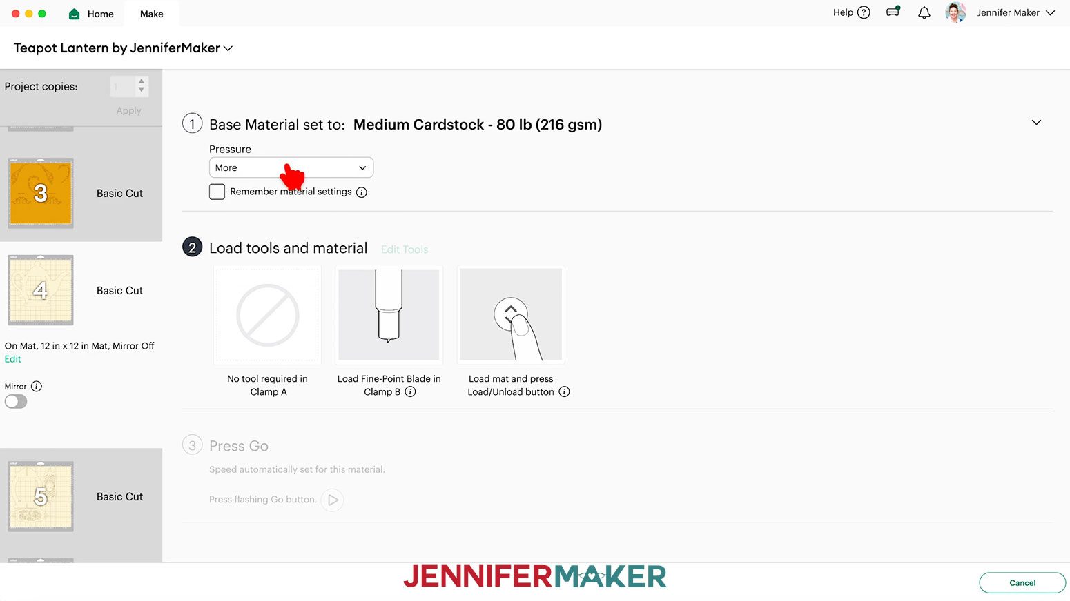 The &ldquo;Medium Cardstock - 80 lb (216 gsm)&rdquo; material setting with &ldquo;More&rdquo; Pressure selected.
