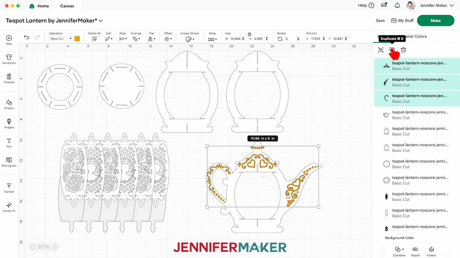 Select the three gold detail pieces at the top of the Layers Panel and click the &ldquo;Duplicate&rdquo; icon in Design Space.