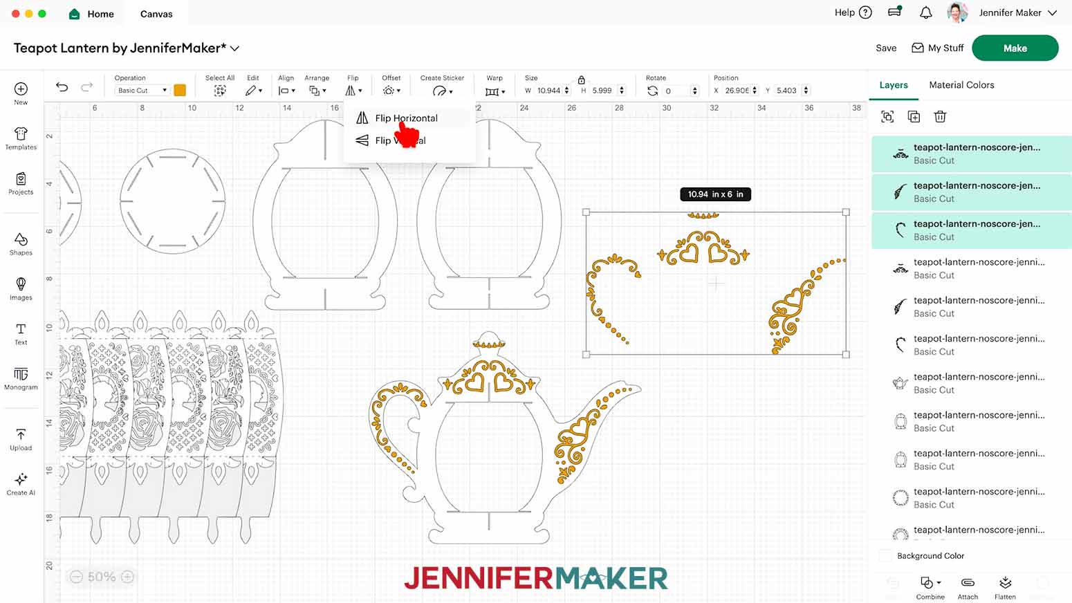 With the Teapot Lantern gold detail elements selected, click &ldquo;Flip&rdquo; and &ldquo;Flip Horizontal.&rdquo;