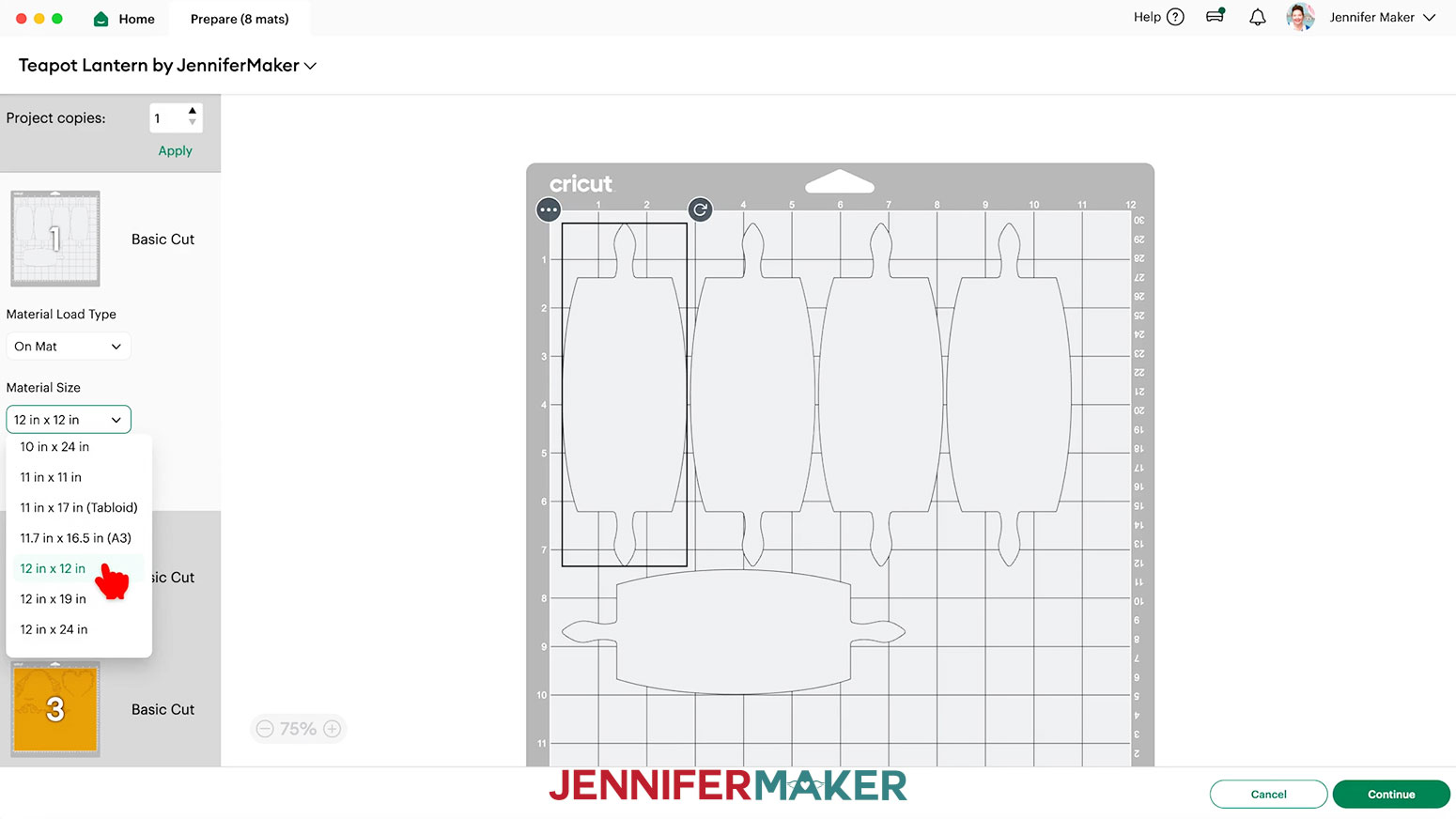 On the Design Space Prepare screen, change the Material Size to &ldquo;12 in x 12 in.&rdquo;
