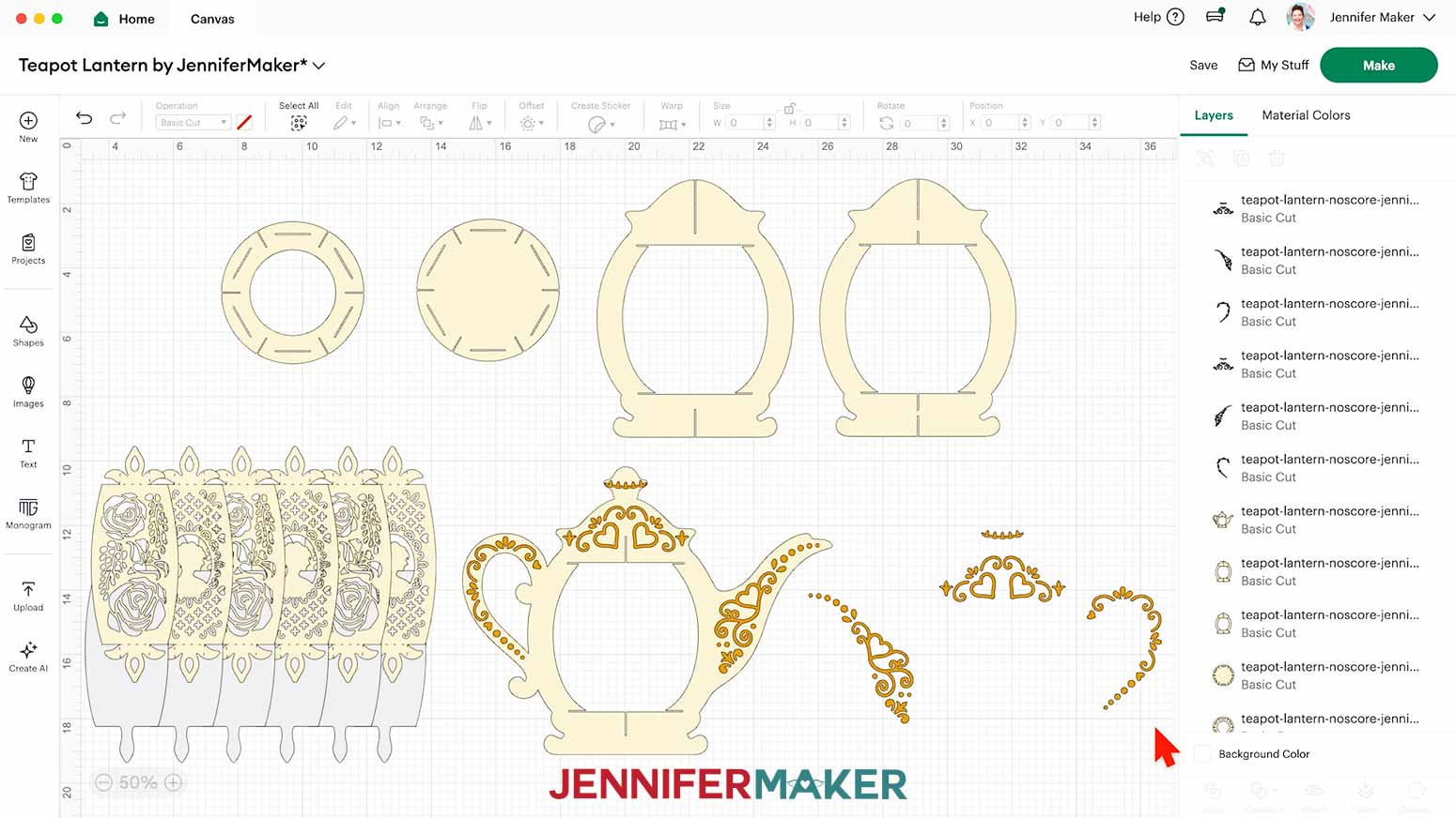 The no-score Teapot Lantern design prepared and ready to cut on the Design Space canvas.