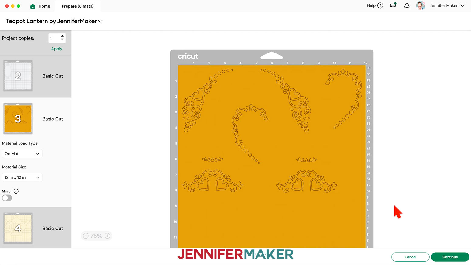 Drag the objects apart on the gold Teapot Lantern mat on the Design Space Prepare screen.