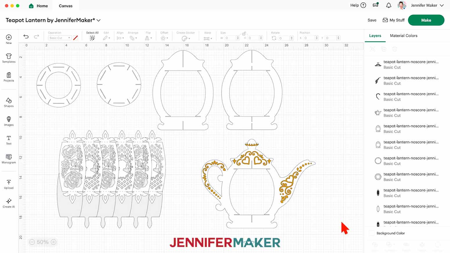 The Teapot Lantern design ungrouped in Design Space, with the pieces separated on the canvas.