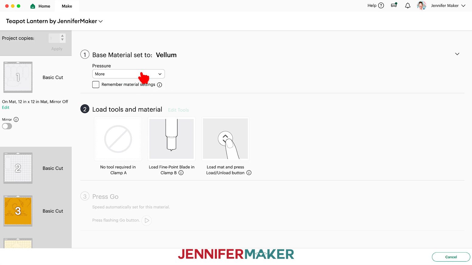 The &ldquo;Vellum&rdquo; setting with &ldquo;More&rdquo; pressure selected on the Design Space Make screen.