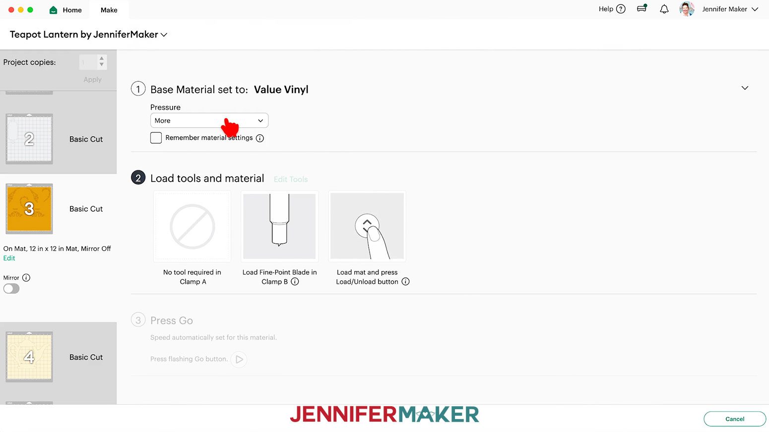 The &ldquo;Value Vinyl&rdquo; material setting with &ldquo;More&rdquo; pressure selected on the Cricut Design Space Make screen.