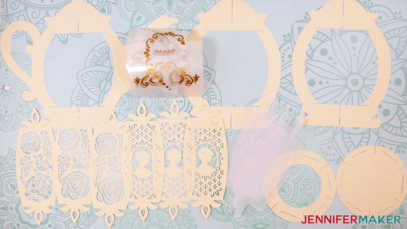 All of the Teapot Lantern cut and weeded pieces face up in organized piles.