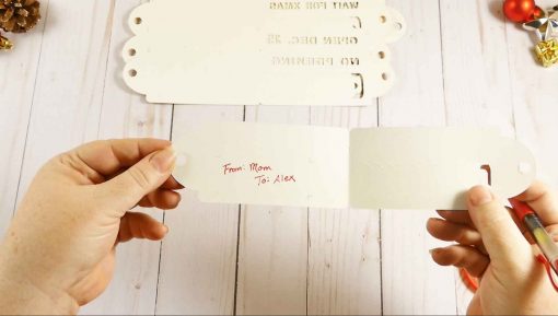 Write your gift information inside the L-shaped cuts on your tear-away reveal gift tag