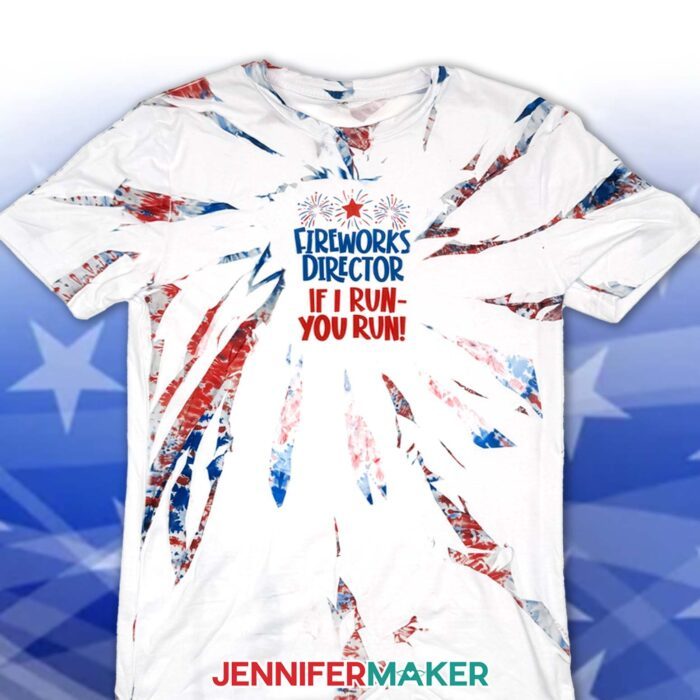 Learn how to make Red White and Blue Tie Dye sublimation T-shirts with JenniferMaker's tutorial! A sublimated tie dye shirt with a design reading "Fireworks Director: If I Run, You Run."