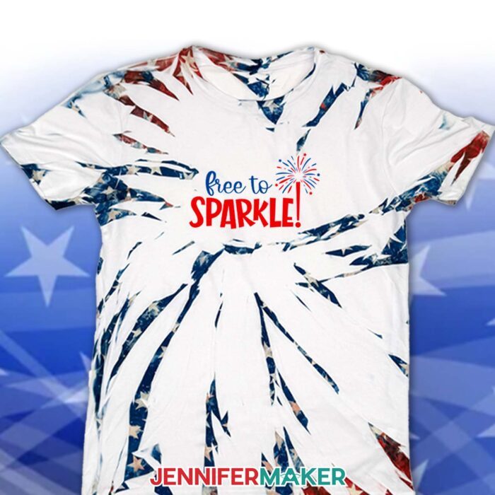 Learn how to make Red White and Blue Tie Dye sublimation T-shirts with JenniferMaker's tutorial! A sublimated tie dye shirt with a design reading "Free To Sparkle!"