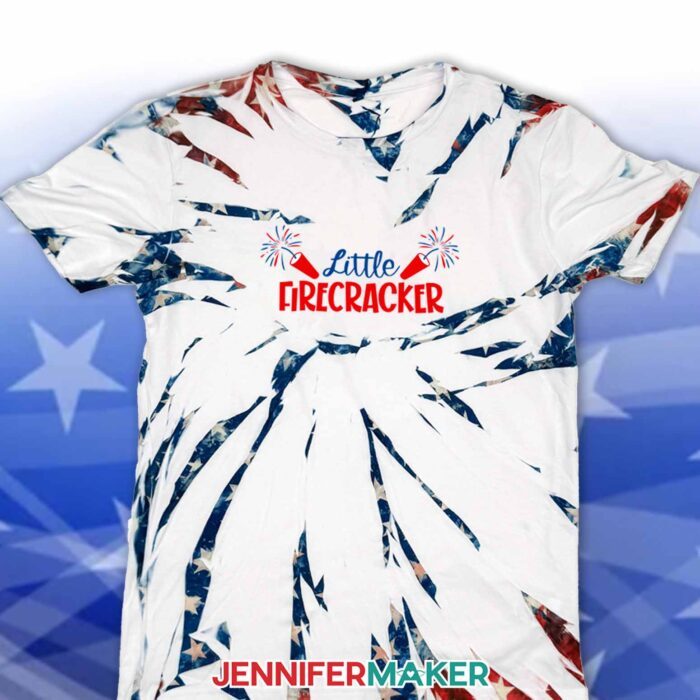 Learn how to make Red White and Blue Tie Dye sublimation T-shirts with JenniferMaker's tutorial! A sublimated tie dye shirt with a design reading "Little Firecracker."