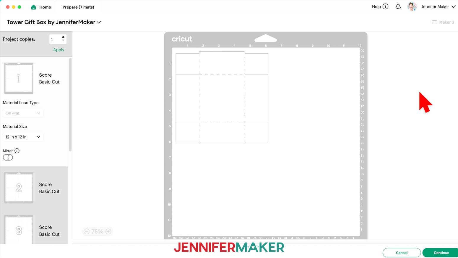 On the prepare screen make sure all mats match the size of the cardstock being used for the tower gift box and mirror is turned off on all.