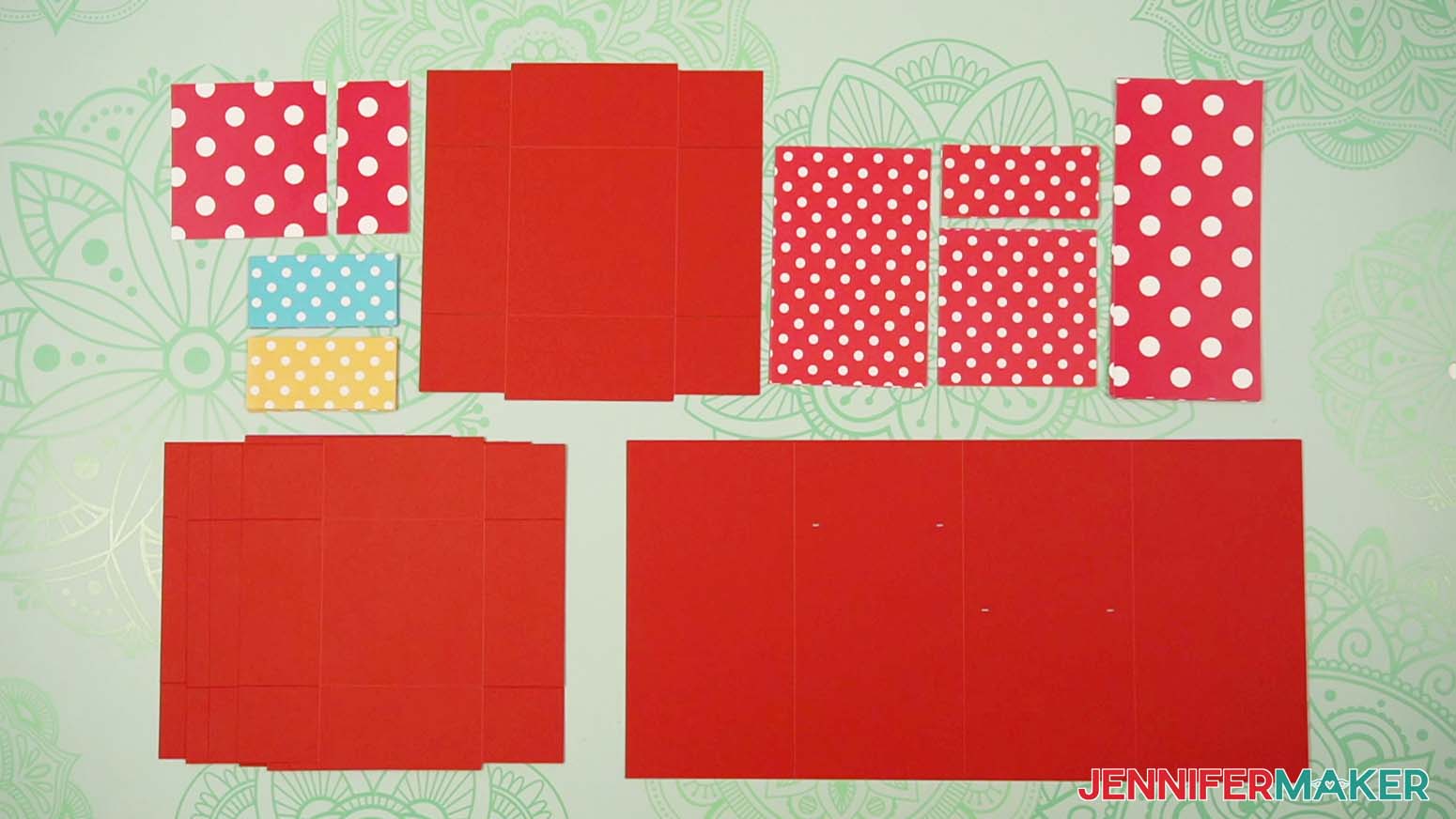Arrange all the pieces face up to verify you have everything ready to assemble the tower gift box.