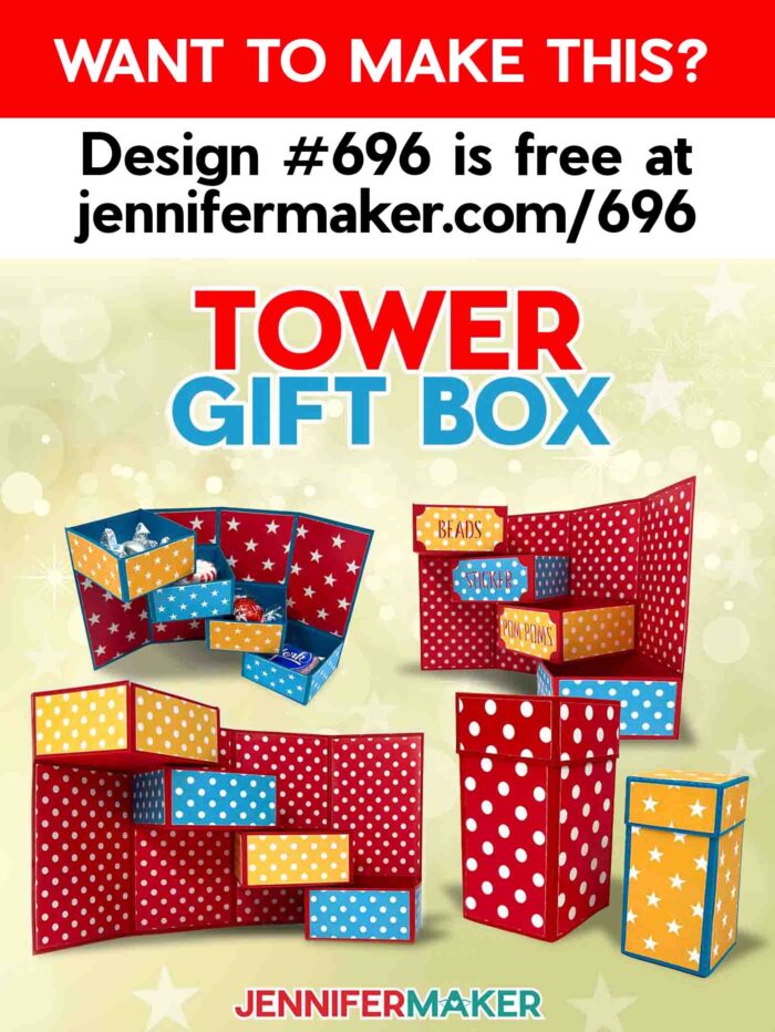 Make a cardstock tower gift box to organize your desktop! Want to make this? Design #696 is free at jennifermaker.com/696. Colorful tower gift boxes made from cardstock are set against a yellow backdrop. The open versions show drawers that stack like stairs. One gift box has labels for each drawer, such as beads, stickers, or pom poms.