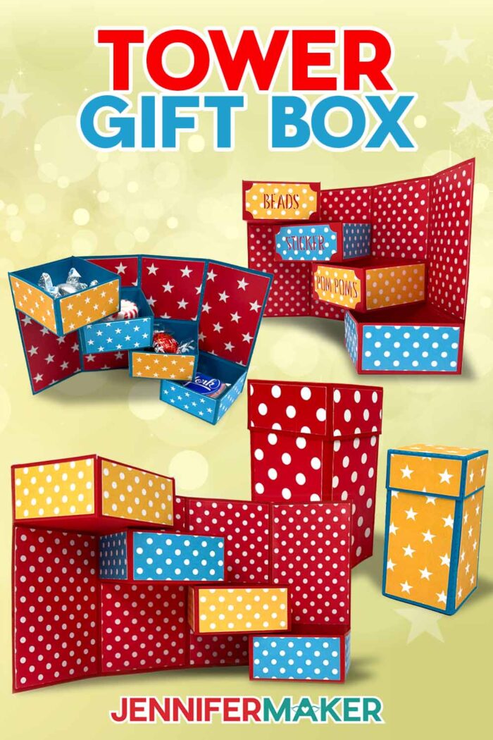 Learn how to make a cardstock Tower Gift Box with Jennifer Maker! Colorful tower gift boxes made from cardstock are set against a yellow backdrop. The open versions show drawers that stack like stairs. One gift box has labels for each drawer, such as beads, stickers, or pom poms.