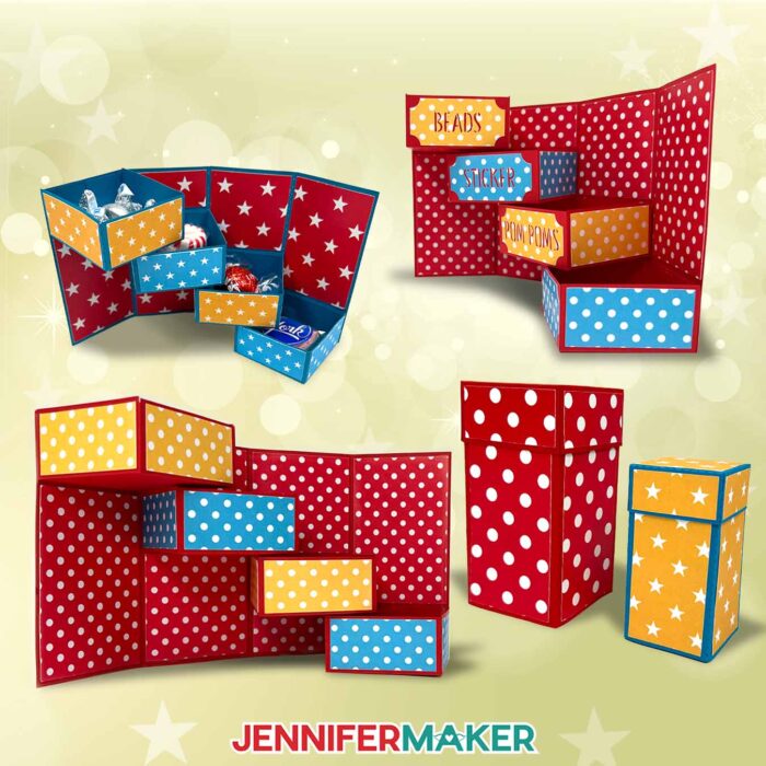 Learn how to make a Tower Gift Box to organize small items with this tutorial by Jennifer Maker! Colorful tower gift boxes made from cardstock are set against a yellow backdrop. The open versions show drawers that stack like stairs. One gift box has labels for each drawer, such as beads, stickers, or pom poms.