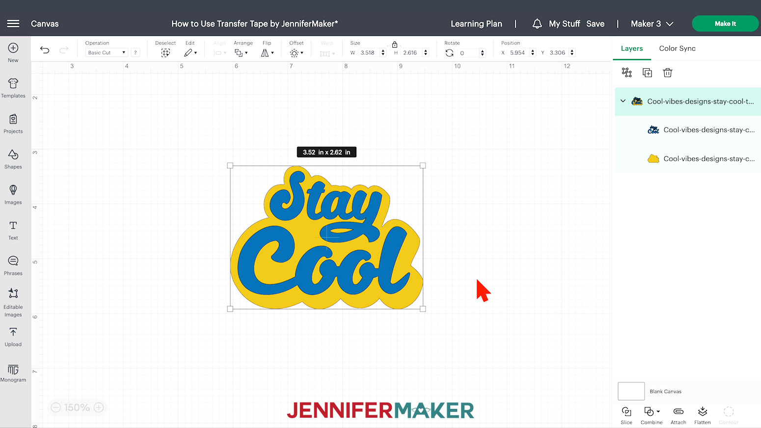 how to use transfer tape stay cool design size in Cricut design space