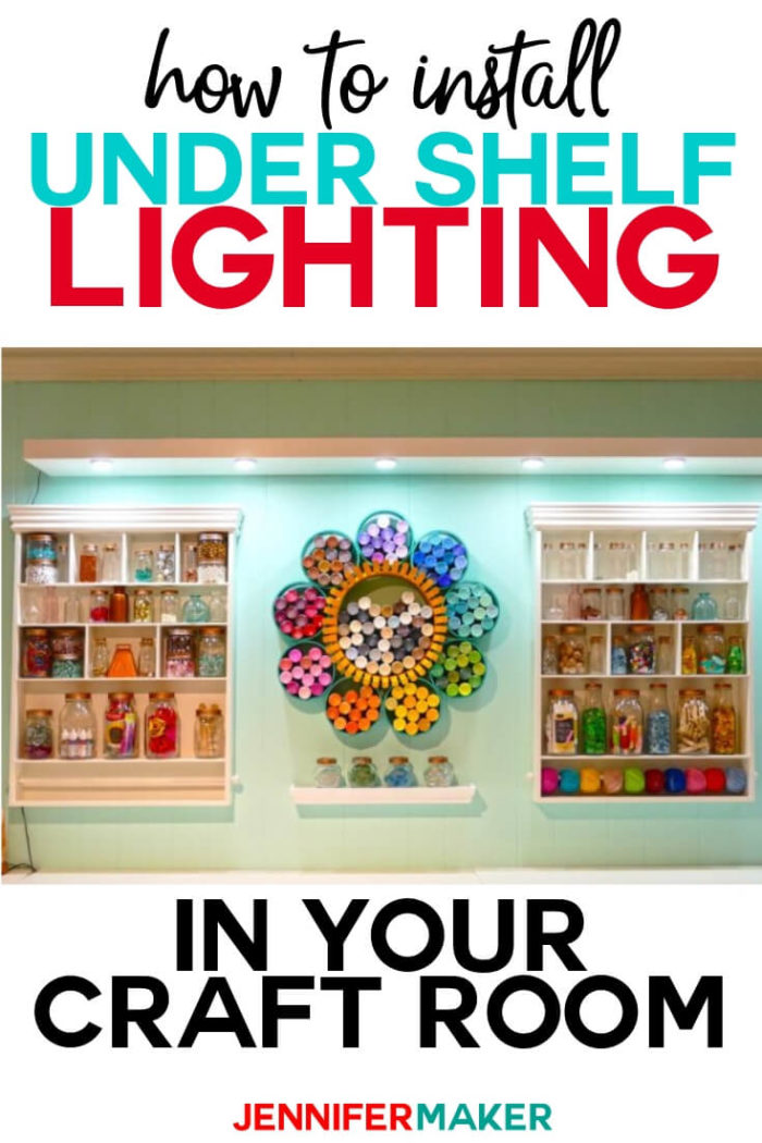 Learn how to easily and inexpensively install under shelf lighting. Illuminate your craft room or anywhere else you need extra light in your home! I have included a step-by-step tutorial.  #diy #tutorial #craftroom