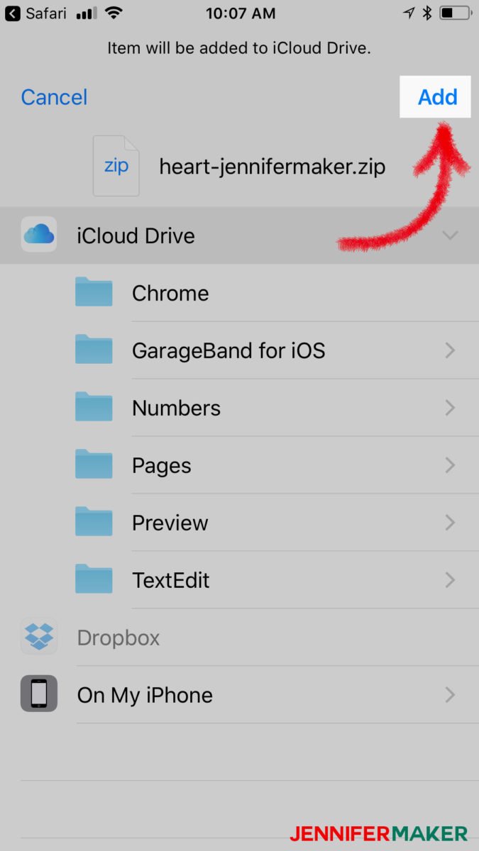 Tap Add to save a file to upload svg files to Cricut Design Space on an iPhone or iPad