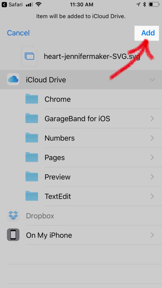 Tap Add to save a file to upload svg files to Cricut Design Space on an iPhone or iPad