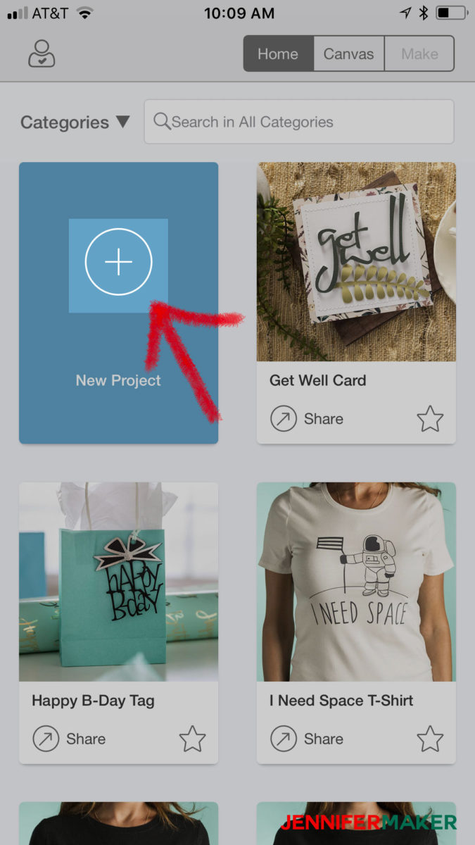 Click New Project in Cricut Design Space to upload an svg file on an iPhone or iPad