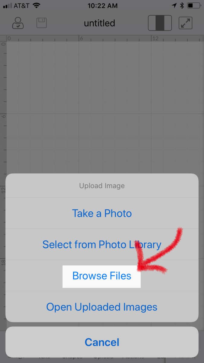 Click Browse Files in Cricut Design Space to upload an svg file on an iPhone or iPad