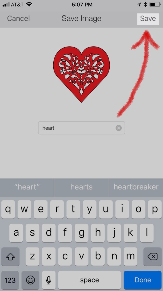 Naming and saving the red heart uploaded to Cricut Design Space - how to upload an svg file on an iPhone or iPad