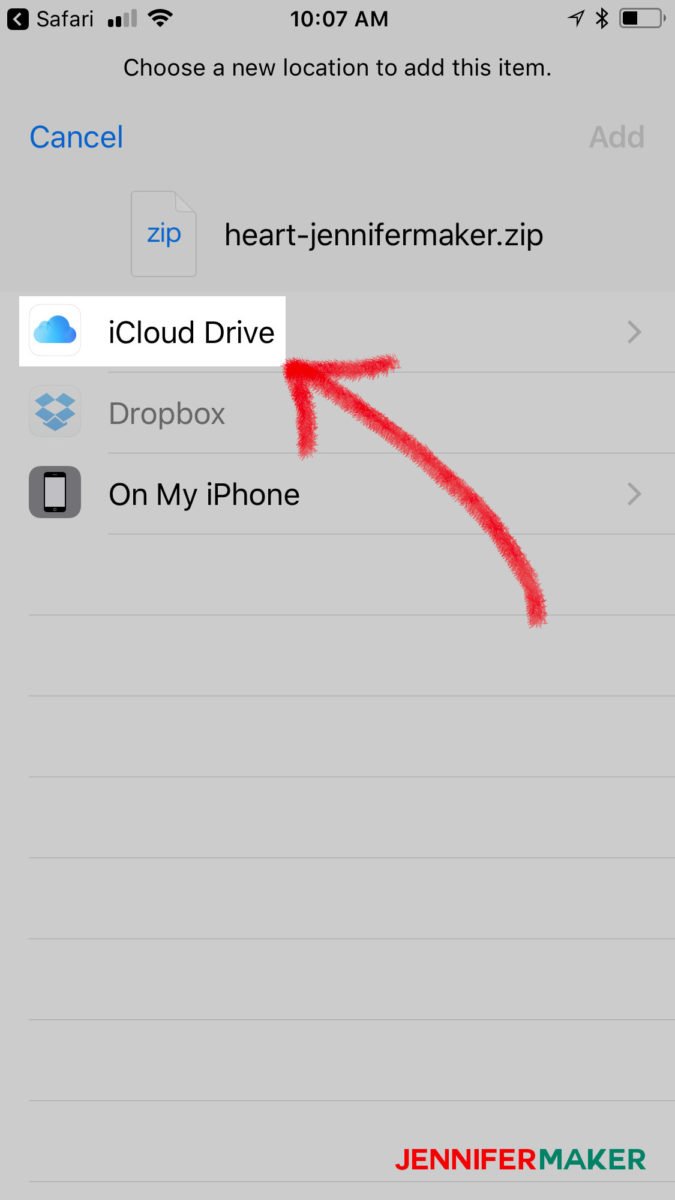 Tap iCloud Drive to save a file to upload svg files to Cricut Design Space on an iPhone or iPad