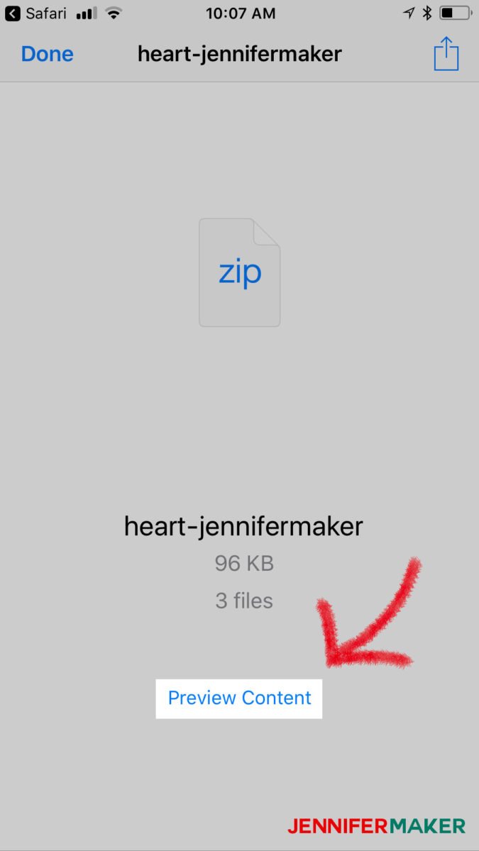 Tap Preview to save a file to upload svg files to Cricut Design Space on an iPhone or iPad