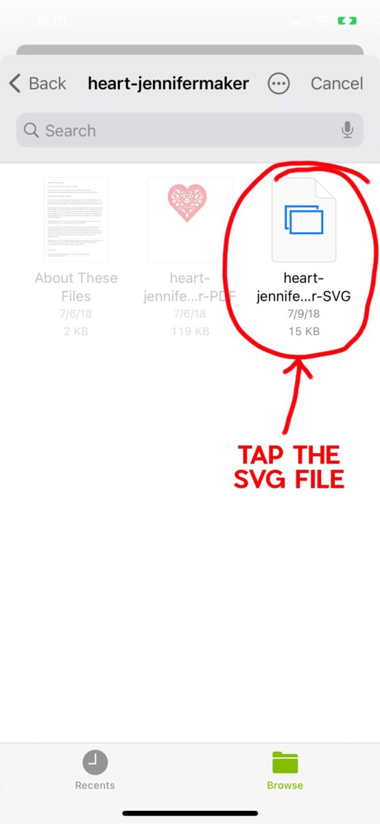 Tap the SVG file to upload it to Cricut Design Space
