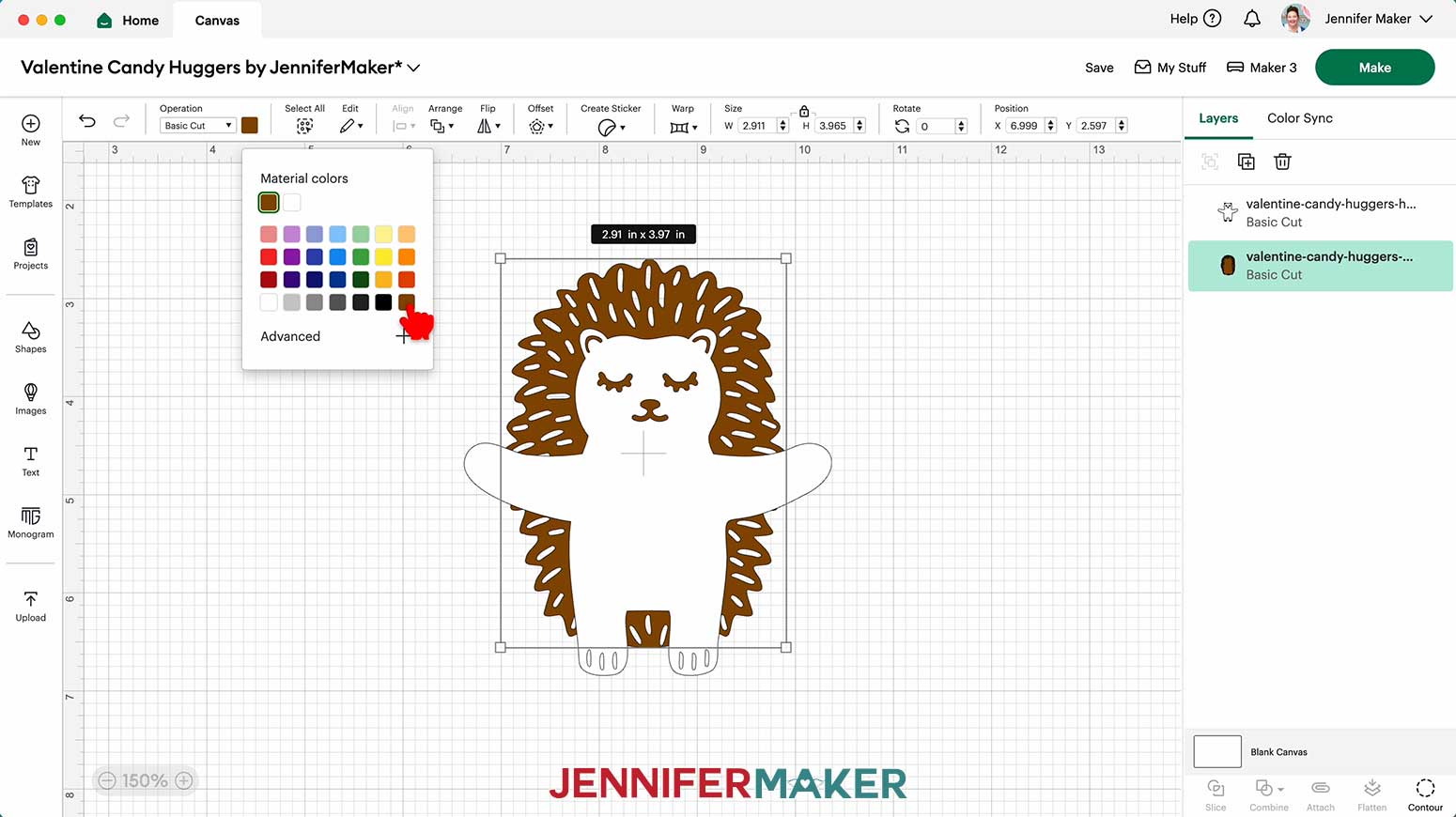 A screen shot showing Candy Huggers with JenniferMaker and how to change a layer's color in Cricut Design Space to match your materials, "Ungroup" the design to select the piece in the Layers Panel, then use the Color Box near the Operation menu to pick a new one.