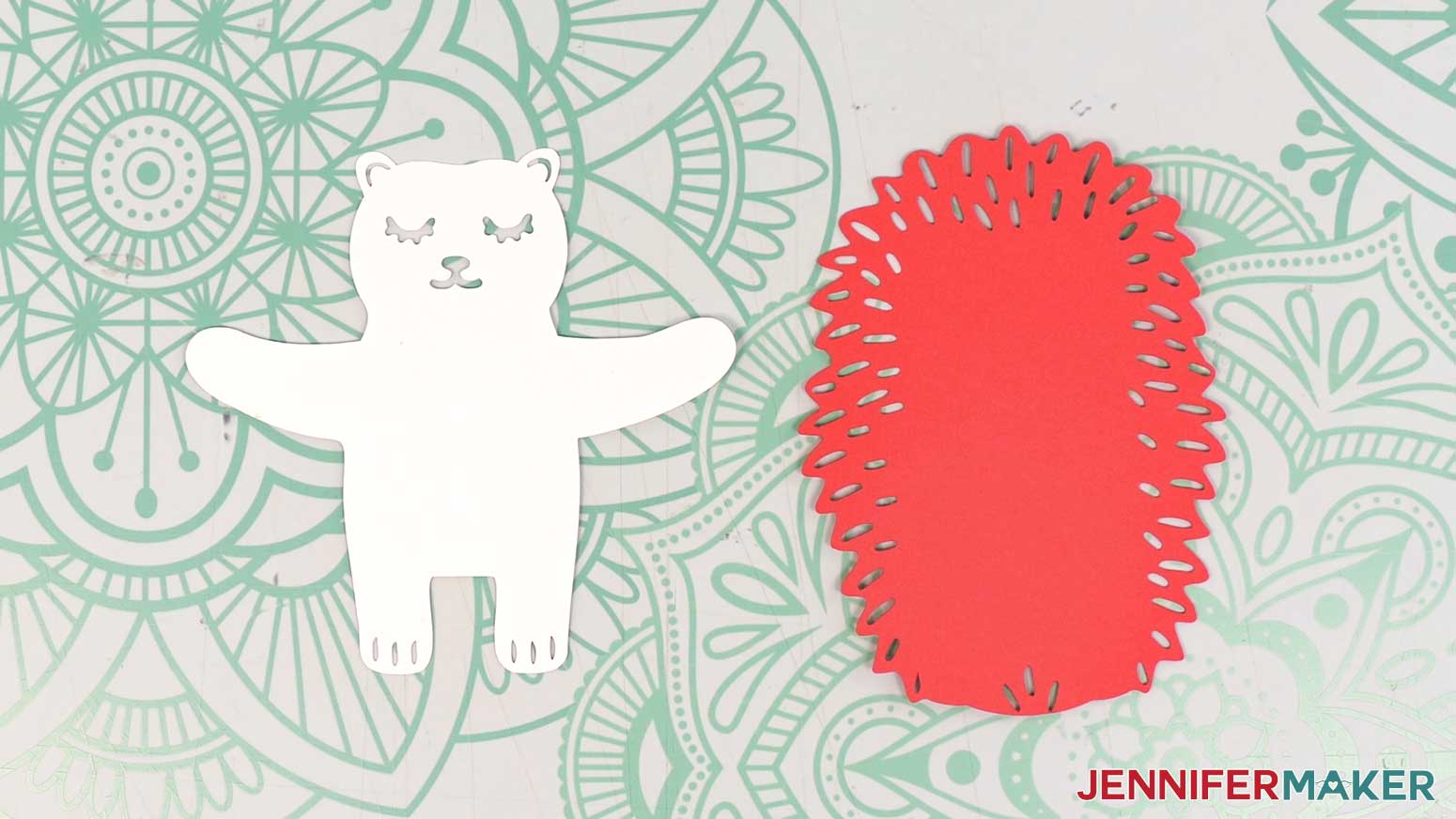 Two cut pieces of cardstock, hedgehog candy hugger design.