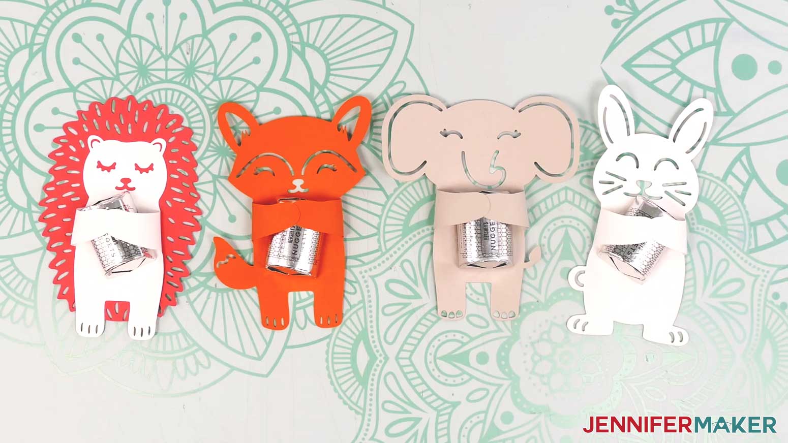 Finished cardstock candy hugger valentines, hedgehog, fox, elephant, rabbit.