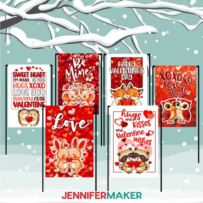 Learn to sublimate a cute Valentine Flags with JenniferMaker! Six Valentine's Day flags with sweet sayings are propped up on a snowy background. Each flag has cute animals hugging, including hedgehogs, elephants, foxes, owls, bunnies, and raccoons.