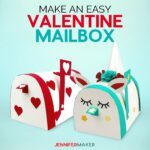 Two white Valentine Mailbox Crafts, one on the left with re trim, flag, and heart decorations, and the other with teal decorations and a white horn and sleeping eyes so it resembles a unicorn with paper flowers on its head. They are on a light teal background and are below red and teal words reading: make an easy Valentine mailbox.