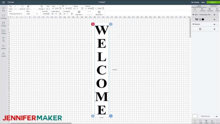 The Welcome in vertical text in Cricut Design Space
