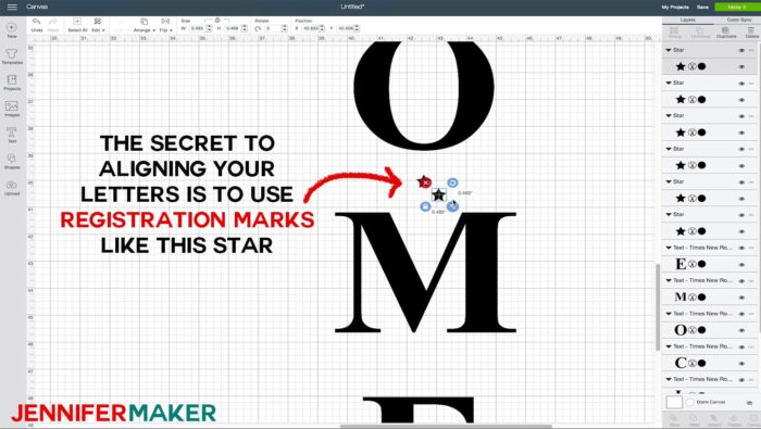 Creating registration marks in Cricut Design Space for vertical letters to go on a welcome sign