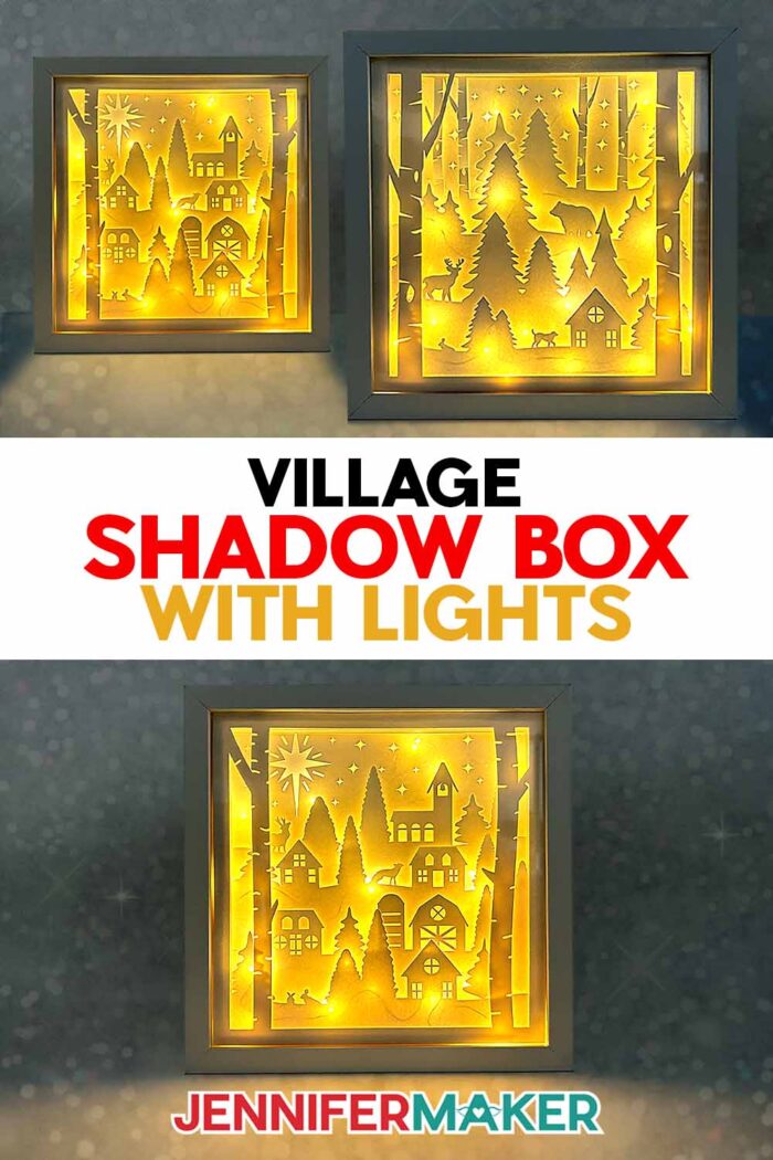 Village shadow box with lights tutorial by Jennifer Maker. Shadow boxes made from layered cardstock and warm, yellow lights are displayed.