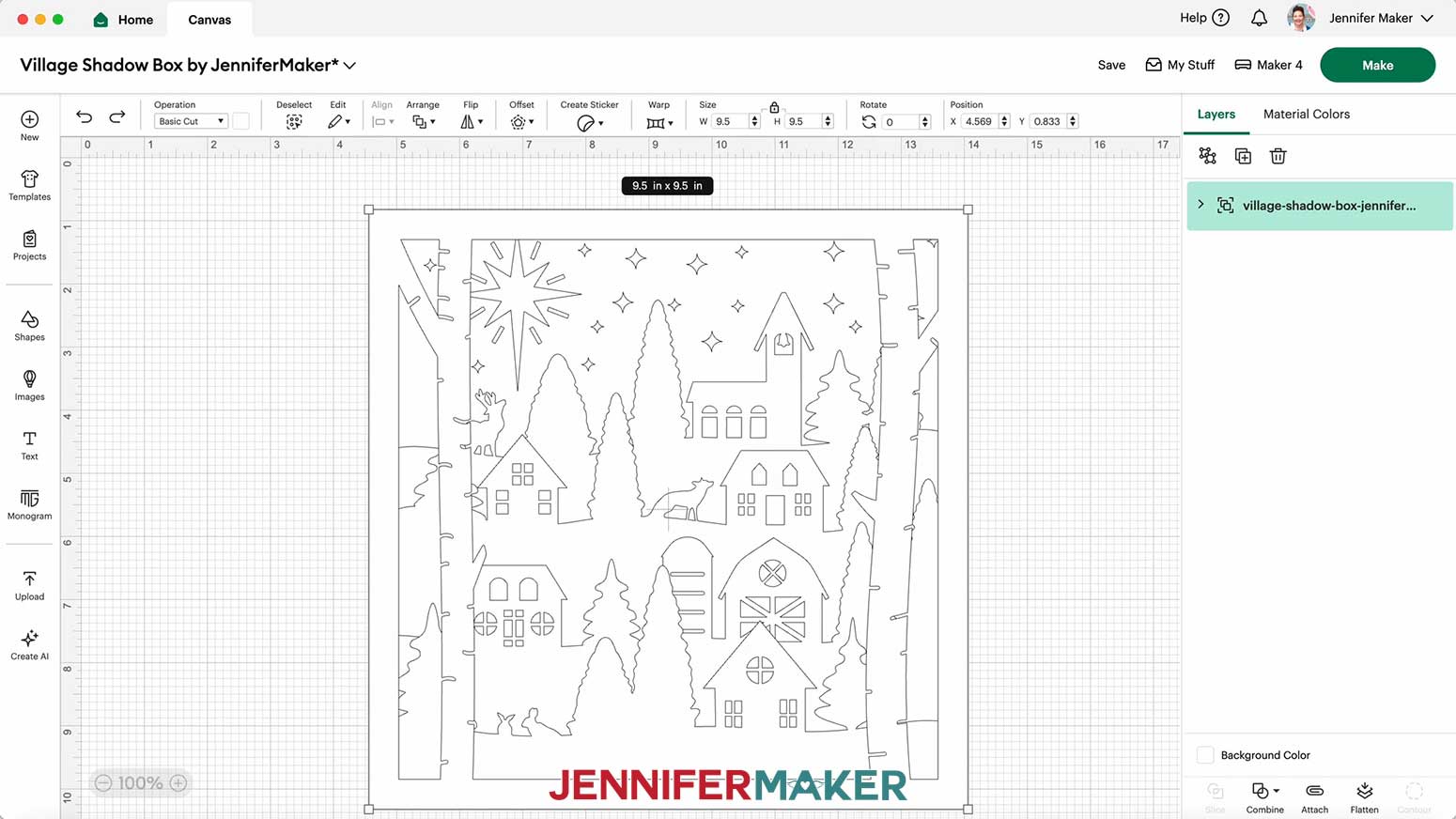The Village Shadowbox SVG has been uploaded to Design Space and the size shows 9.5" x 9.5."