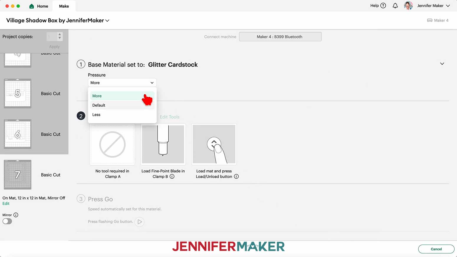 Select the correct cut settings for the Glitter Cardstock being cut for the Village Shadow Box With Lights.