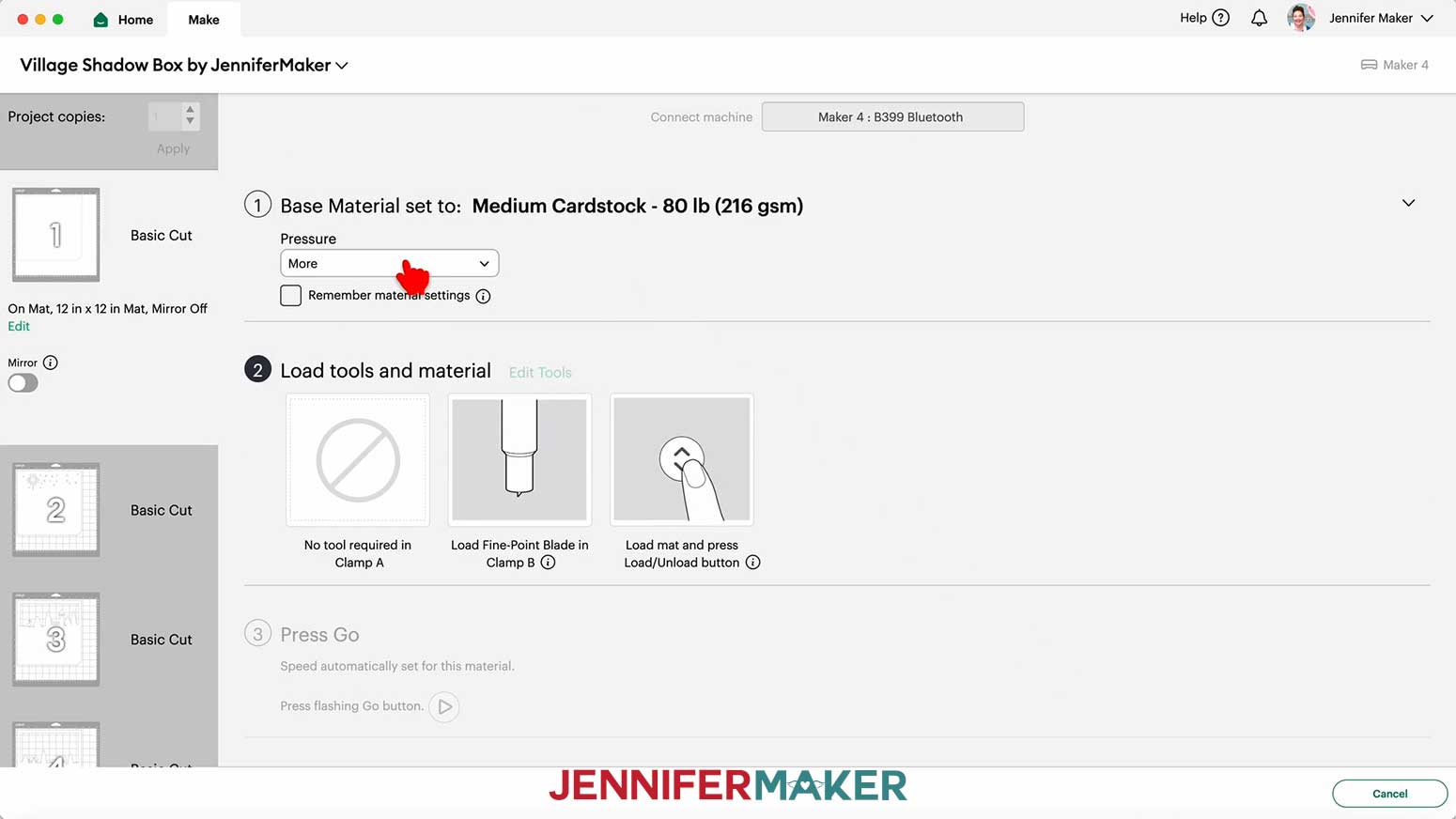 Select the correct settings for the Cardstock being cut for the Village Shadow Box With Lights.
