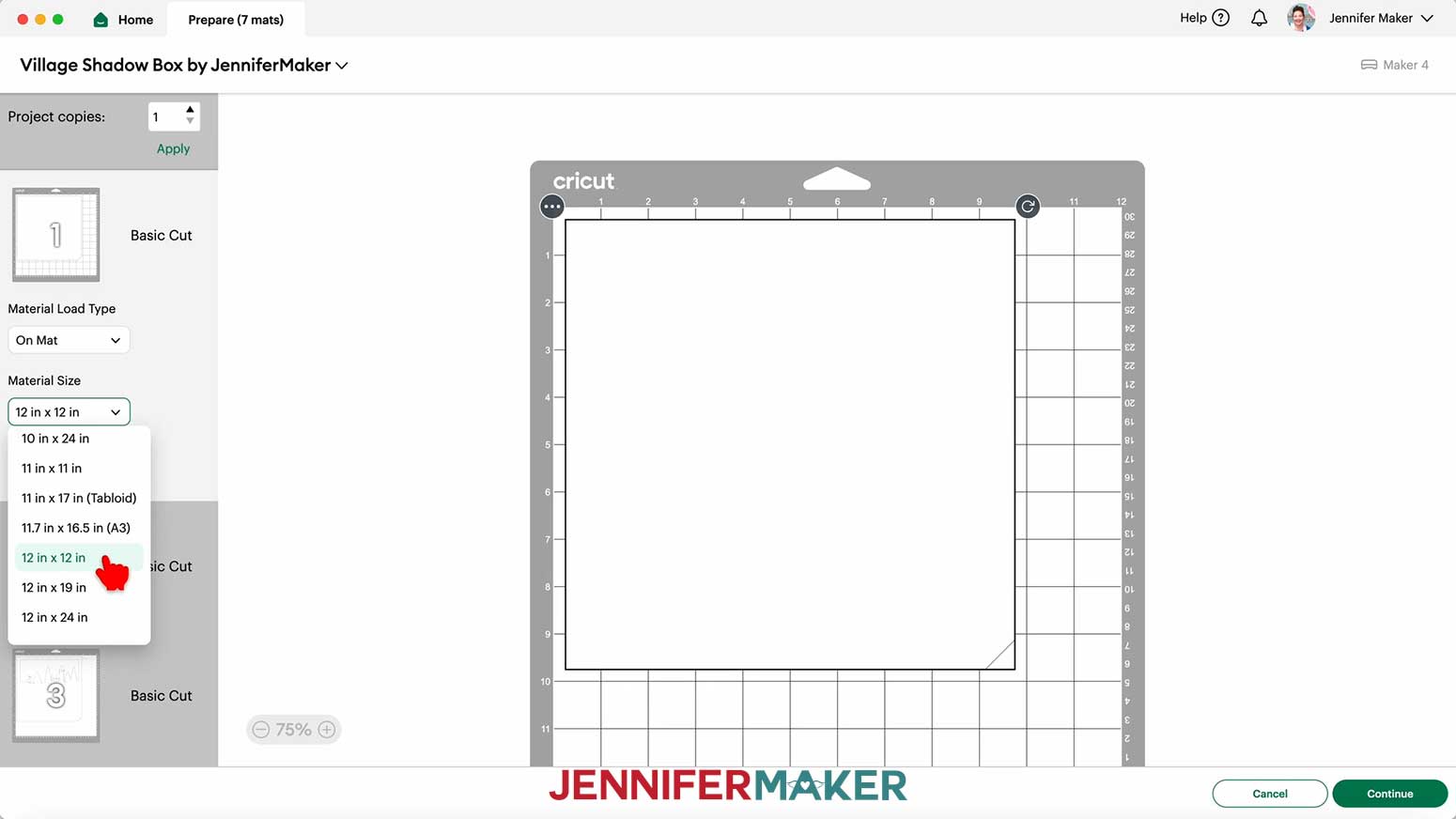 Select the correct materials for the Village Shadow Box With Lights layers on the Make screen in Design Space.