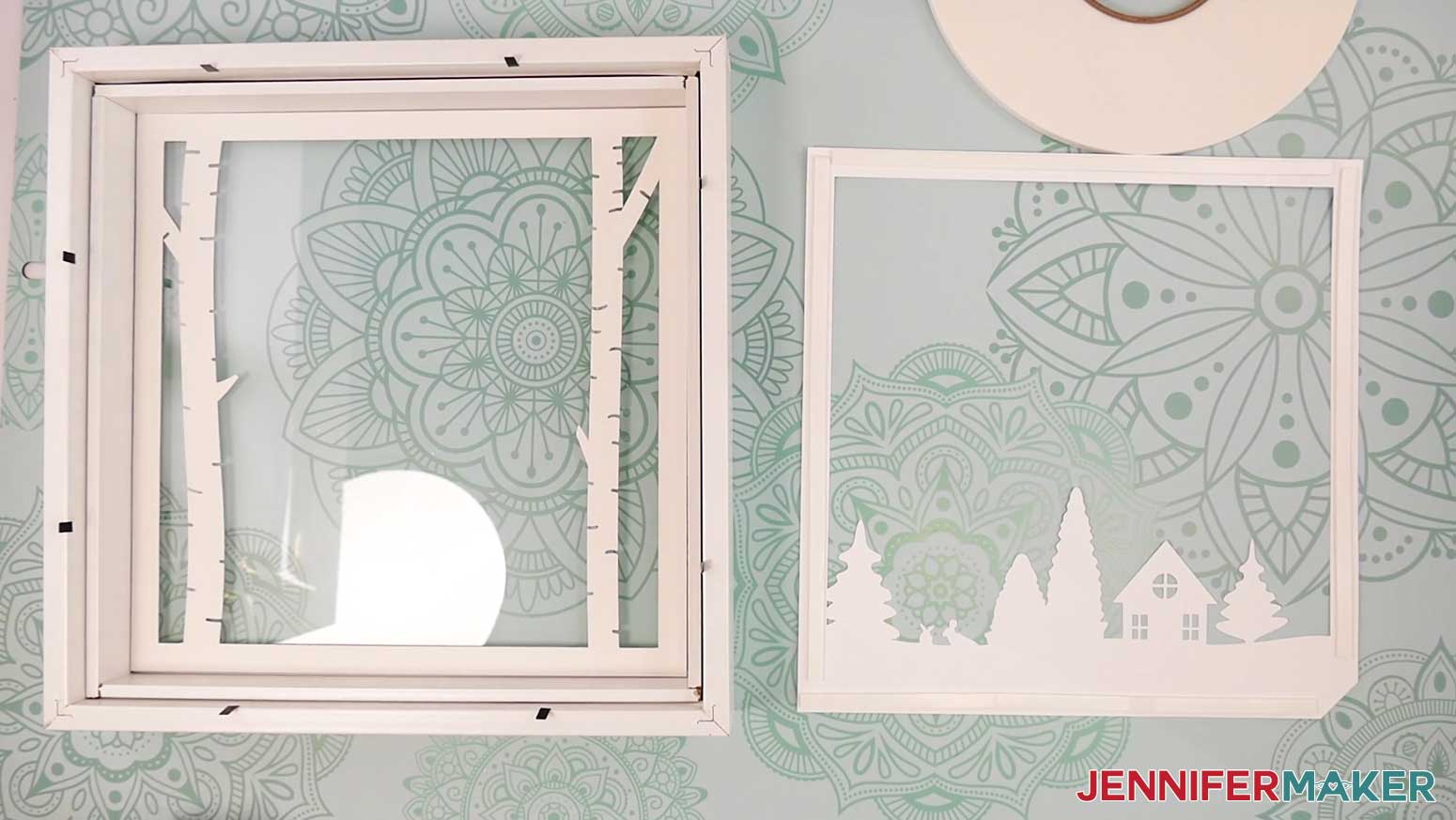 Add adhesive foam strips to the front of Layer 2 of the Village Shadow Box With Lights.