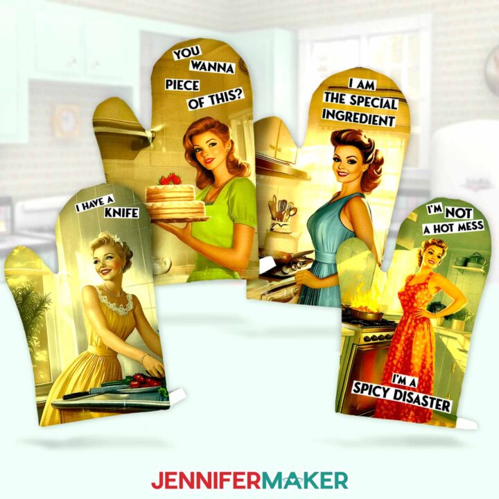 The four Sublimation Oven Mitts are ready to display with their vintage designs added.