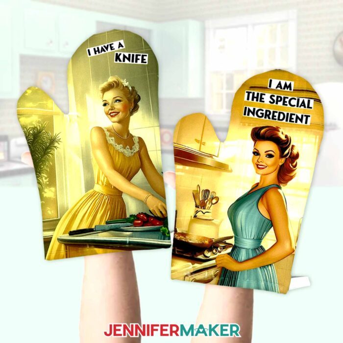Will Sublimation Ink Reactivate? Sublimate an oven mitt with JenniferMaker to find out! Two vintage-looking oven mitts featuring women in 50s style dresses.