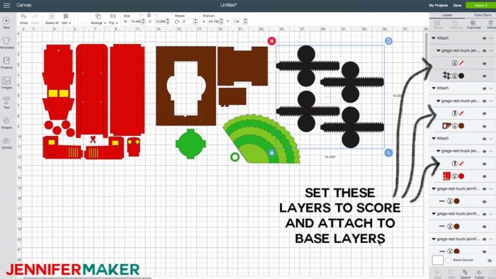 The vintage red truck file uploaded to Cricut Design Space to show the score and attach layers